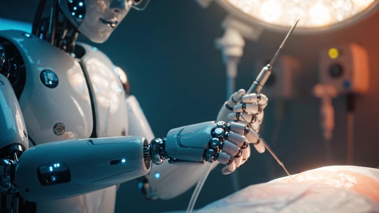 A Cutting-Edge Surgical Robot Performing Intricate Medical Procedures with Precision in an Advanced Operating Room Setting and Modern Medical Technology