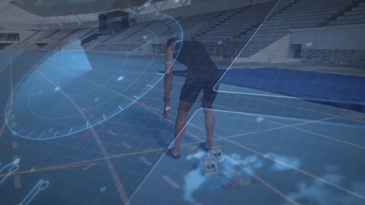 경기장에서 경주를 준비하는 두 인종 남성에 대한 처리 서클의 애니메이션