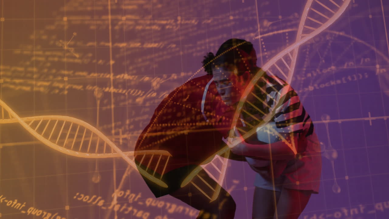 Animation of rugby players with DNA strand and scientific data in background