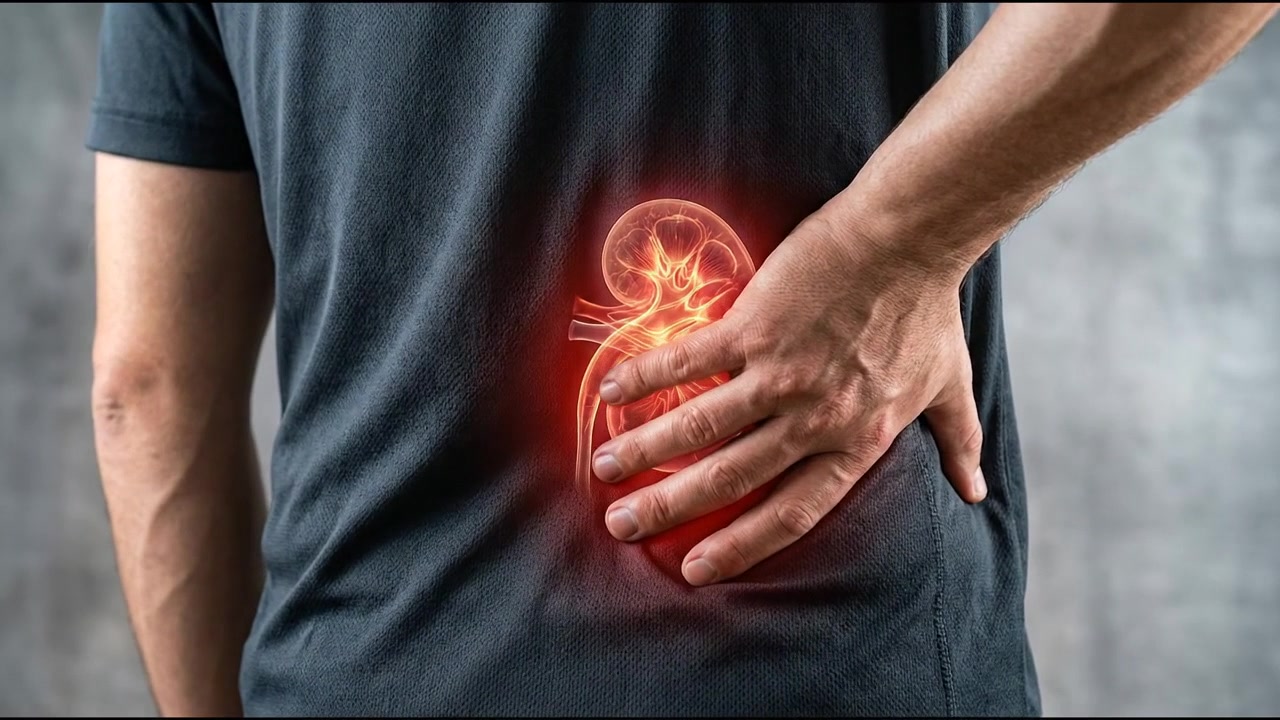 Man Holding Lower Back Pain area Highlighted with Red Glow Effect
