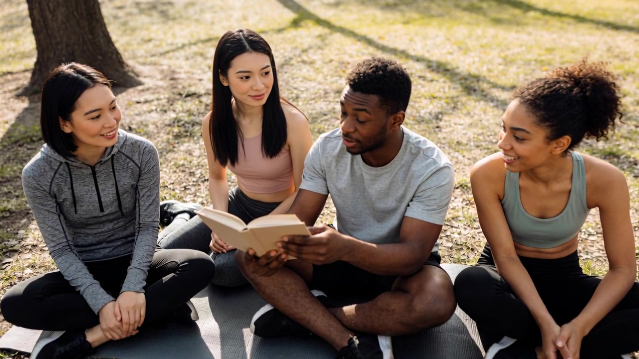 Aprendo un libro, un uomo legge ad alta voce su tappeti nel parco in abbigliamento sportivo, mentre gli amici indicano le pagine.