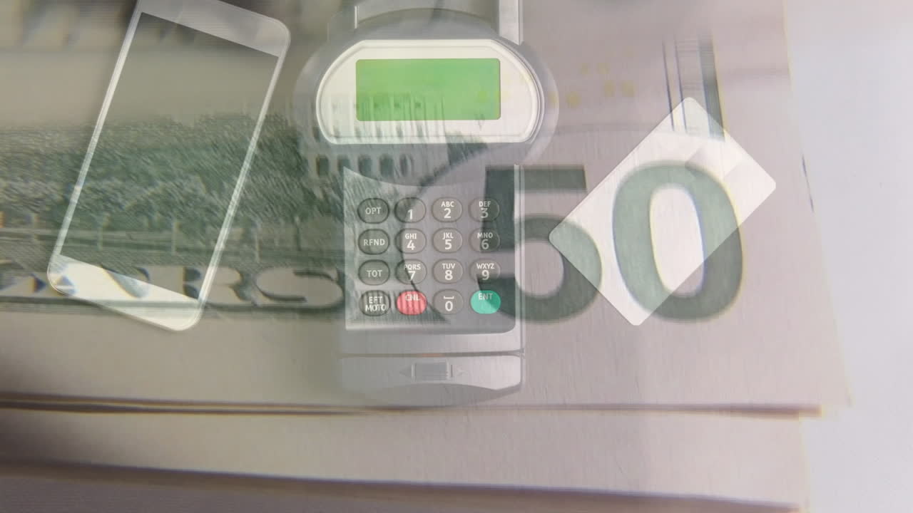 미국 달러 지폐와 결제 터미널의 애니메이션