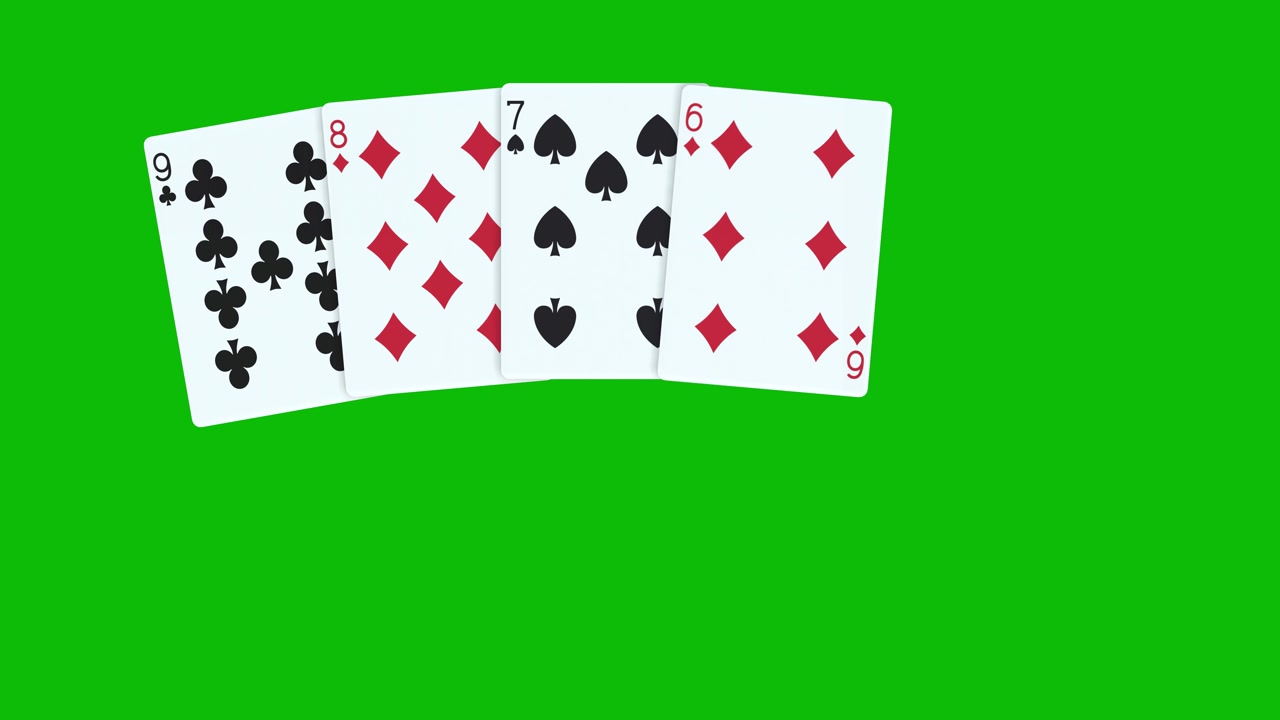 Una scala a poker con carte lanciate una ad una su animazione 3D su green screen.