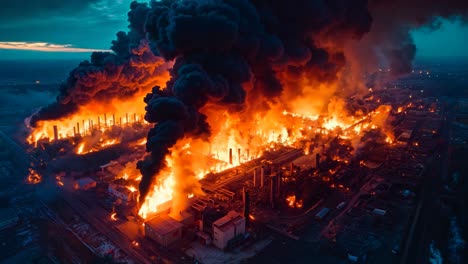 a large industrial area with a large fire in the background