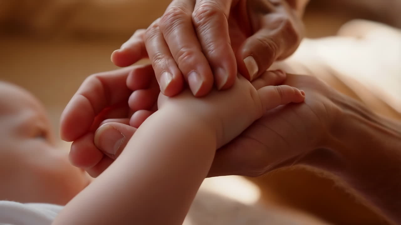 Adult's hands gently holding a baby's hand, symbolizing care and connection