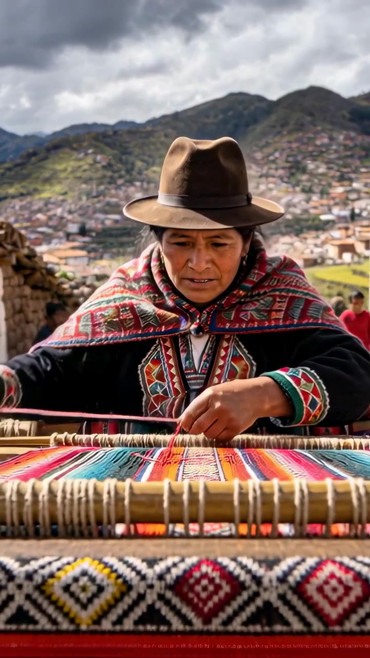 Vertical video: Reaching hand, artisan threading yarn on loom on hill, making cloth, wearing poncho