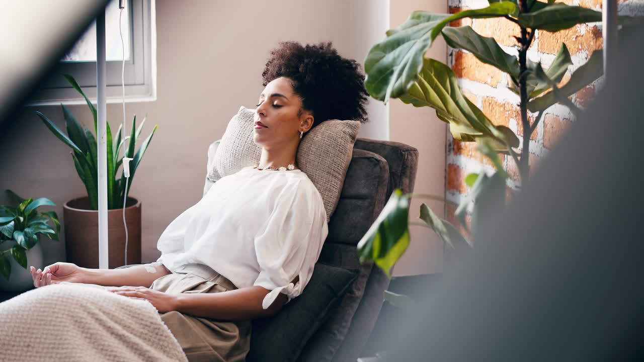 Woman Resting with IV Drip for Health and Wellness Therapy