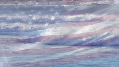 digital composition of waving us flag against waves in the sea