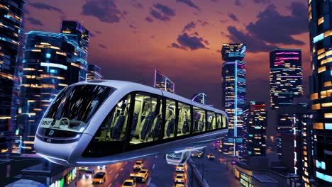 futuristic levitation train in a glowing cityscape at sunset