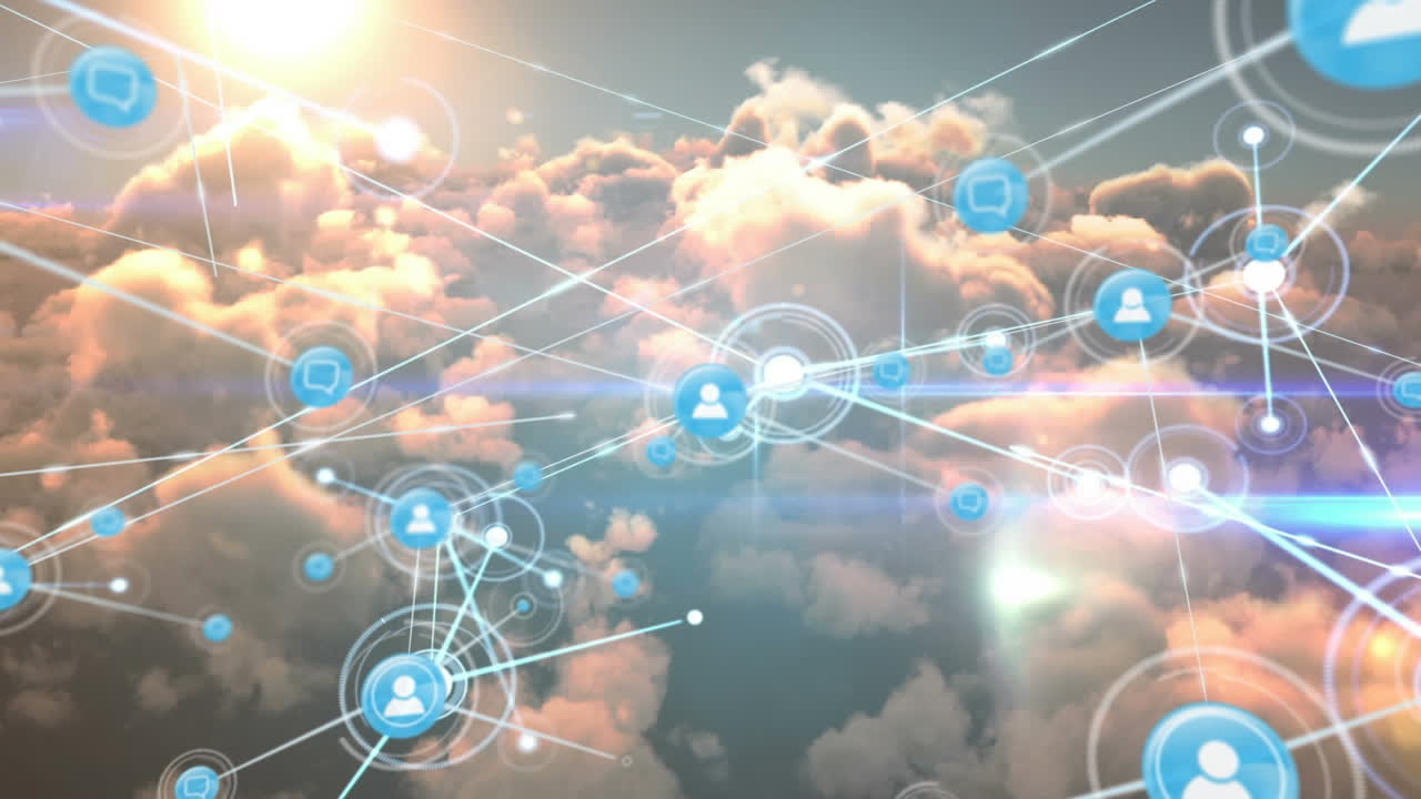 animación de redes de conexiones con iconos en el cielo