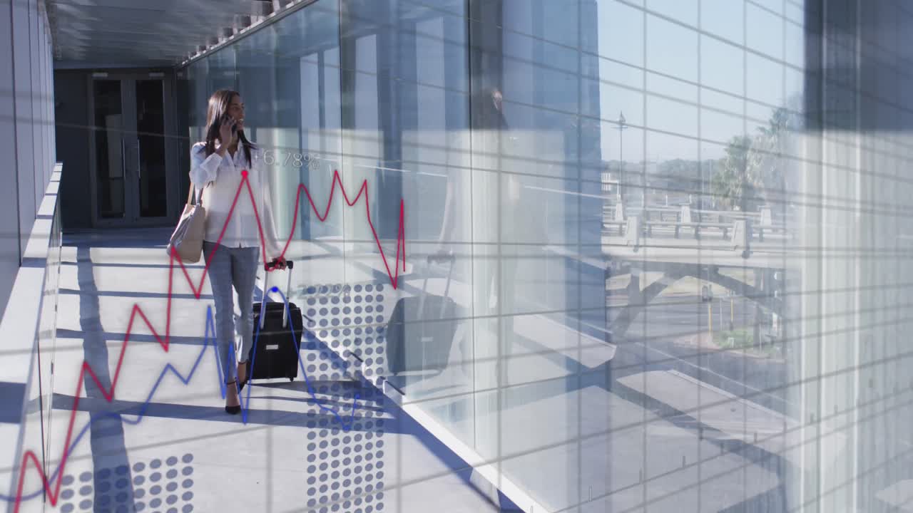 Animation of financial data processing over african american businesswoman walking with suitcase