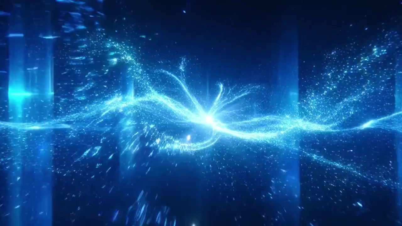 宇宙空間を流れる抽象的な青いエネルギーの波と輝く粒子