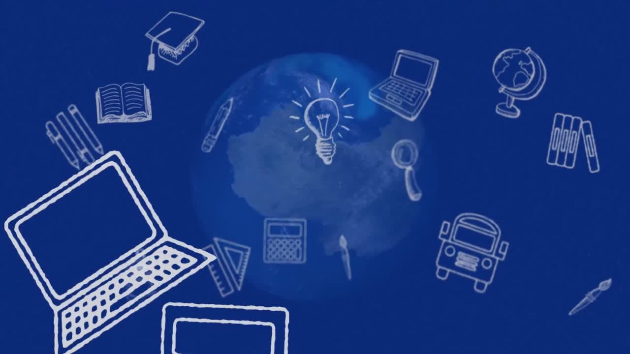 Animation of school icons floating over blue globe and blue background