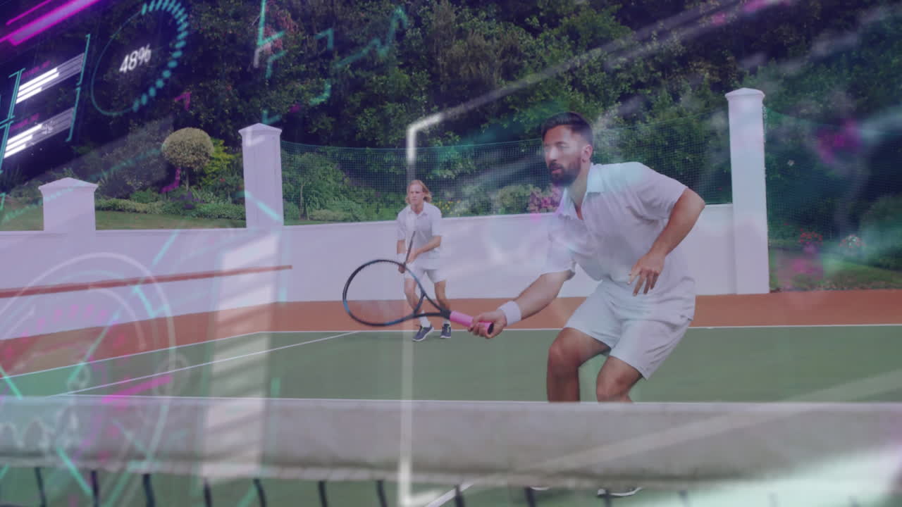 Two male tennis competitors playing on outdoor court showing floating sports analytics HUD graphics