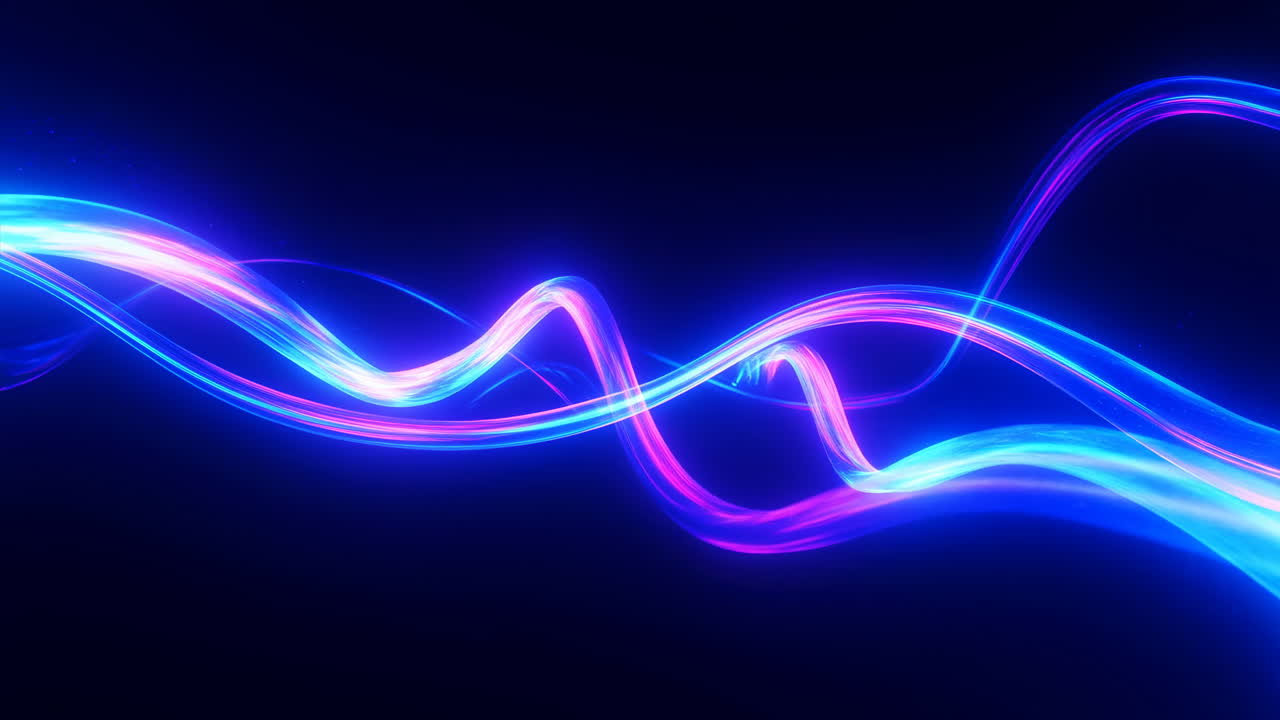 Vibrant Neon Ribbons Pulse Across Black Void, Electric Blue And Magenta Lines Weave Rhythmic Motion, Dynamic