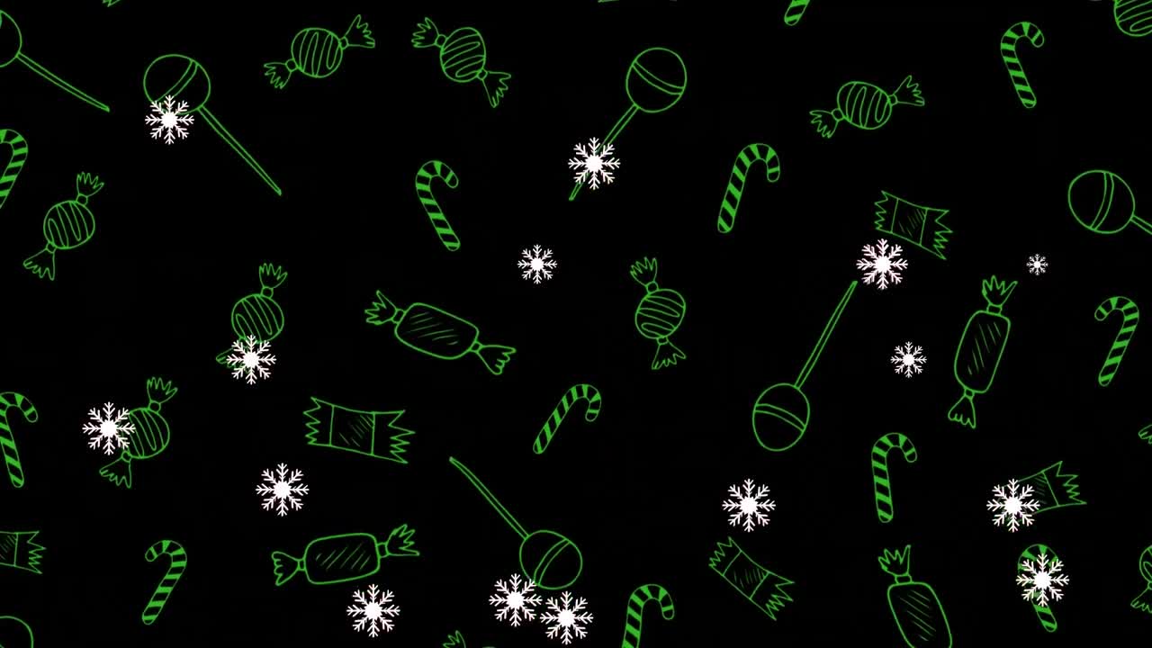 animación de nieve cayendo sobre dulces de navidad sobre fondo negro