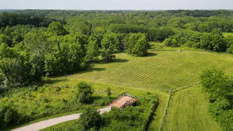 Aerial-flyover-to-winter-bison-pasture,-battelle-darby-creek-metro-park-ohio