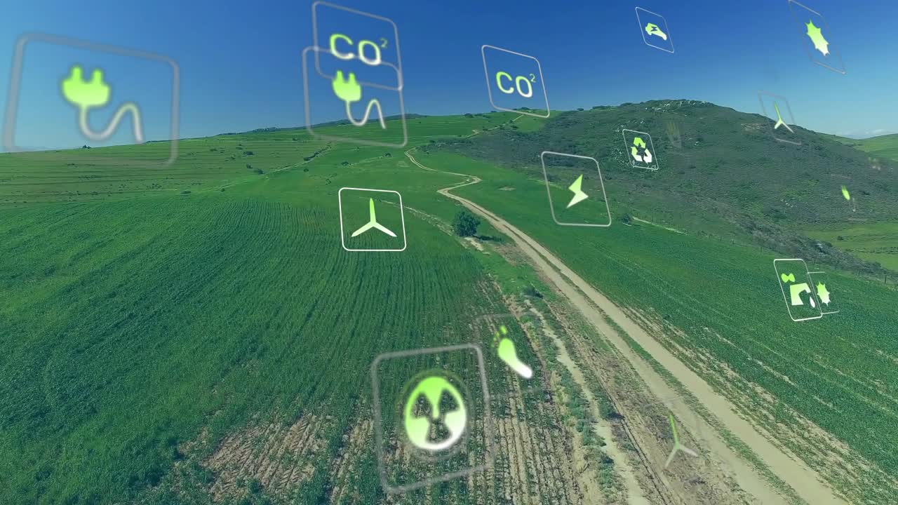 Radiation icon appearing and energy icons floating rotating and migrating, visualizing energy data