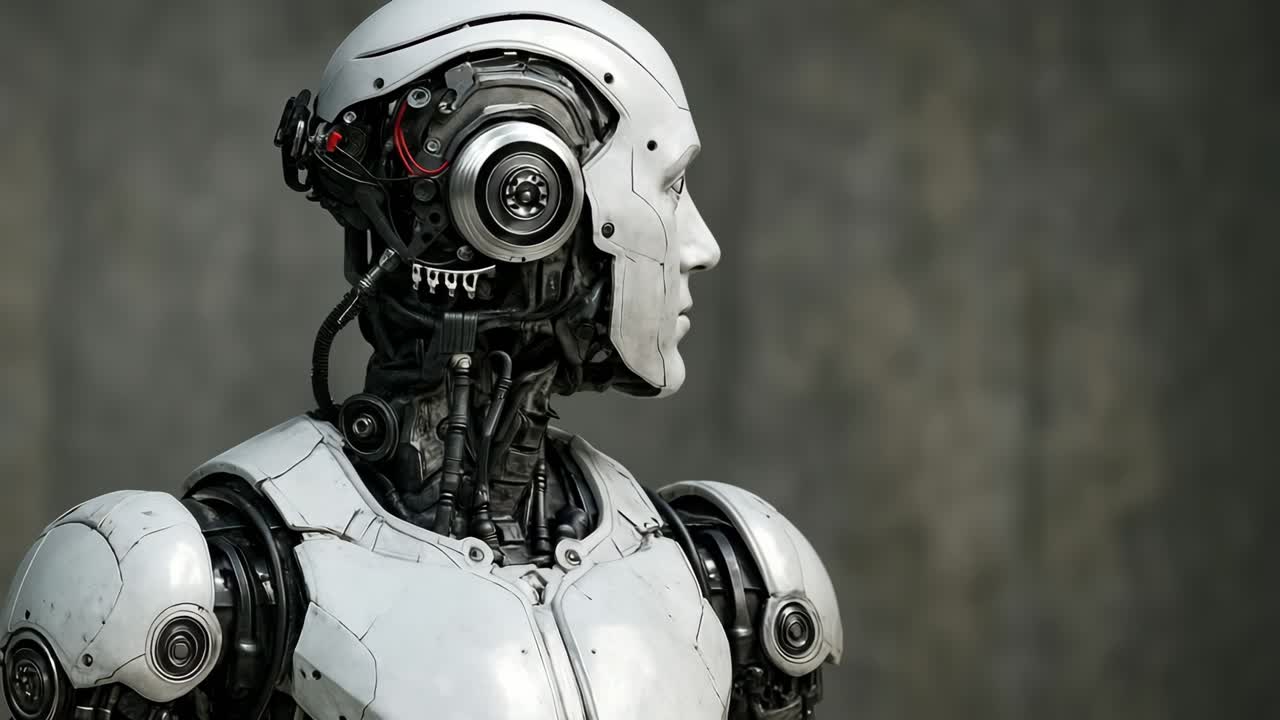 Karmaşık detayları sergileyen, yakın çekim yan açılı fütüristik bir robot.