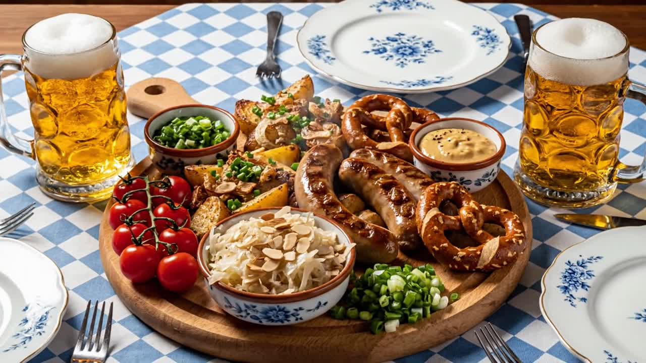 Traditional German Beer Garden Platter with Sausages and Pretzels