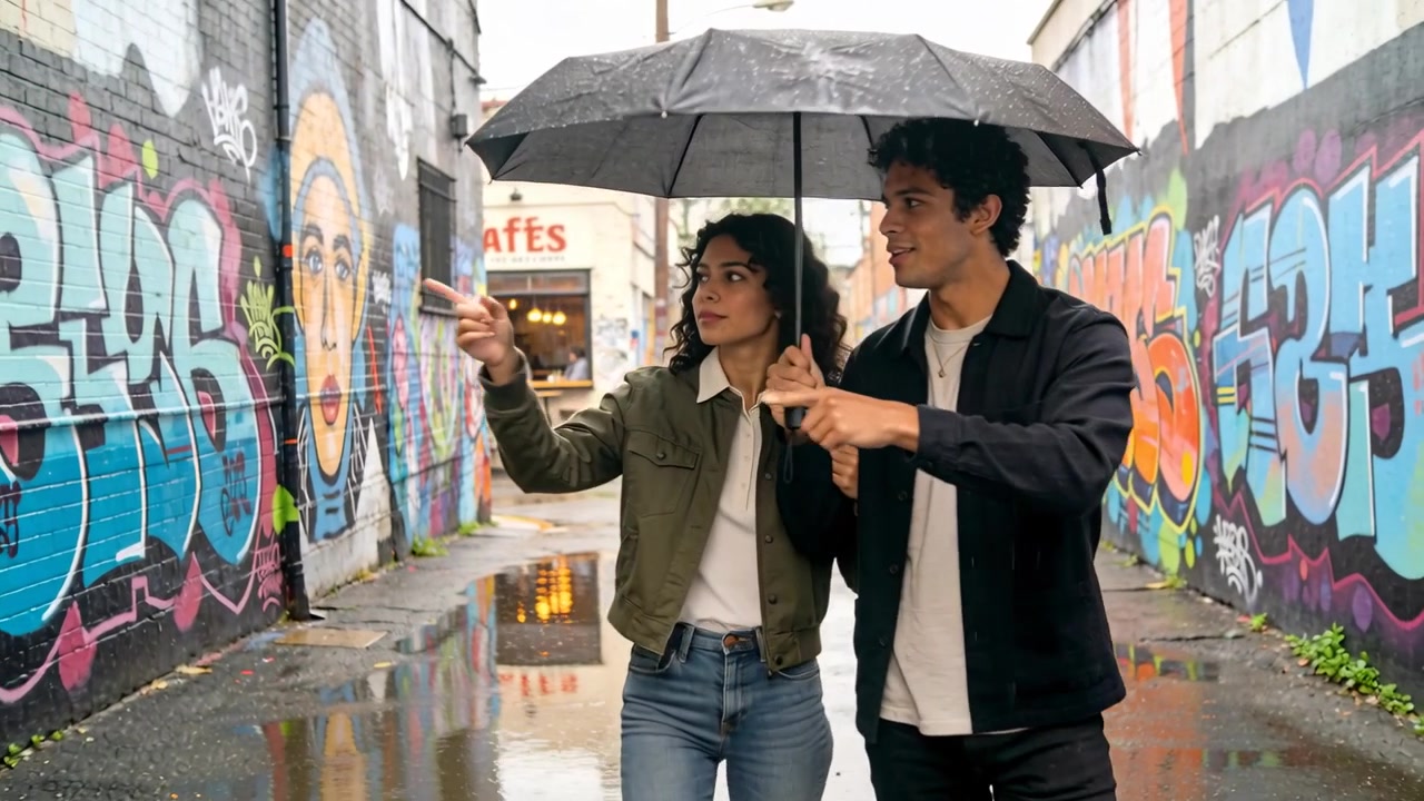 Walking jacketed couple sharing black umbrella, man pointing, drawing woman toward cafe murals