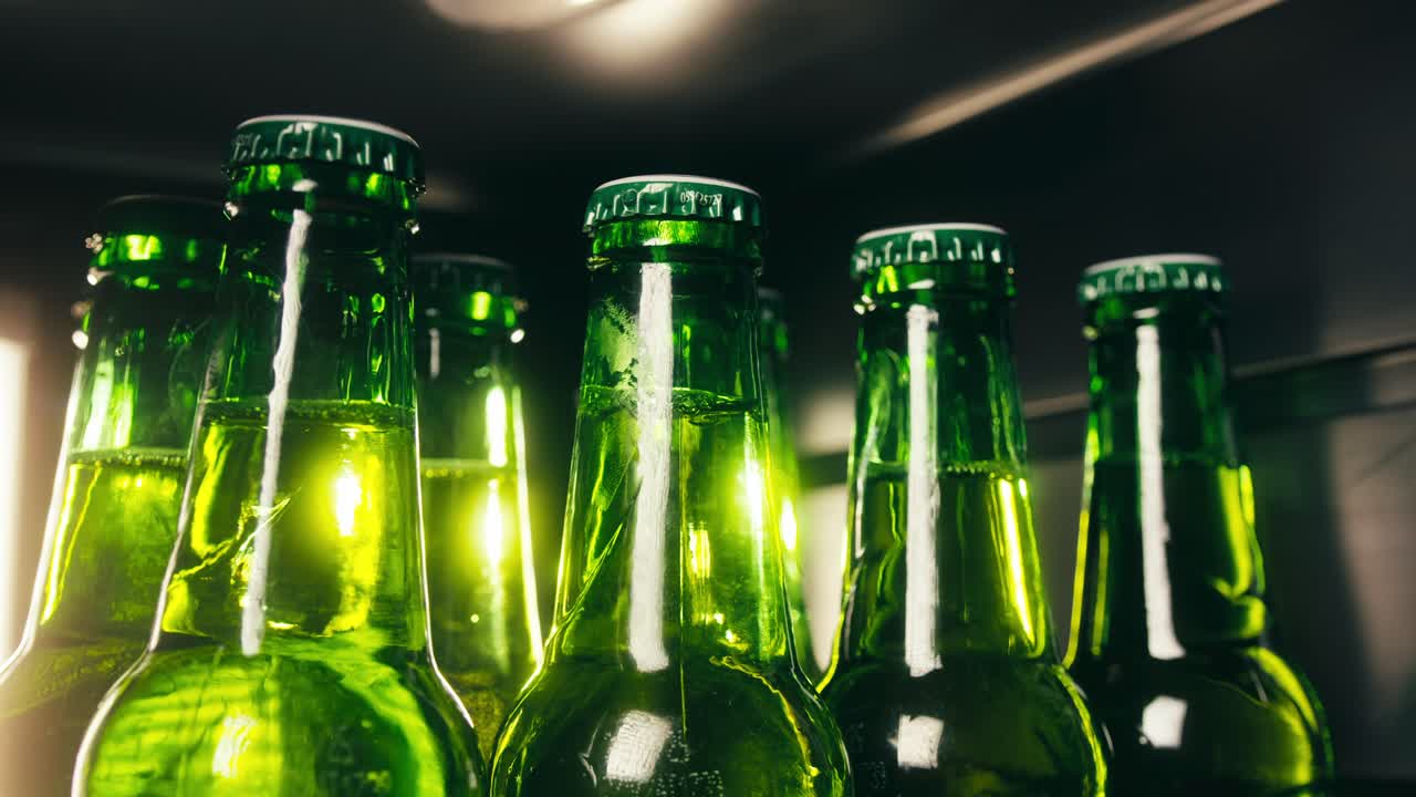 Row of beer bottles in fridge, shop or hotel, cold lager craft german beer or cider, shop supermarket or wine cooler close up.