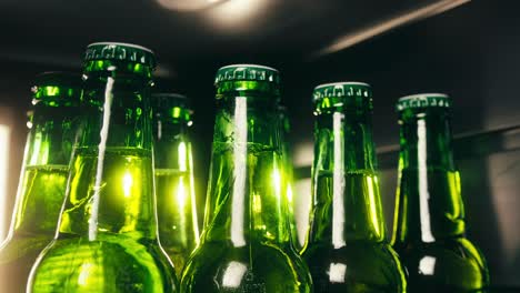 row of beer bottles in fridge, shop or hotel, cold lager craft german beer or cider, shop supermarket or wine cooler close up.
