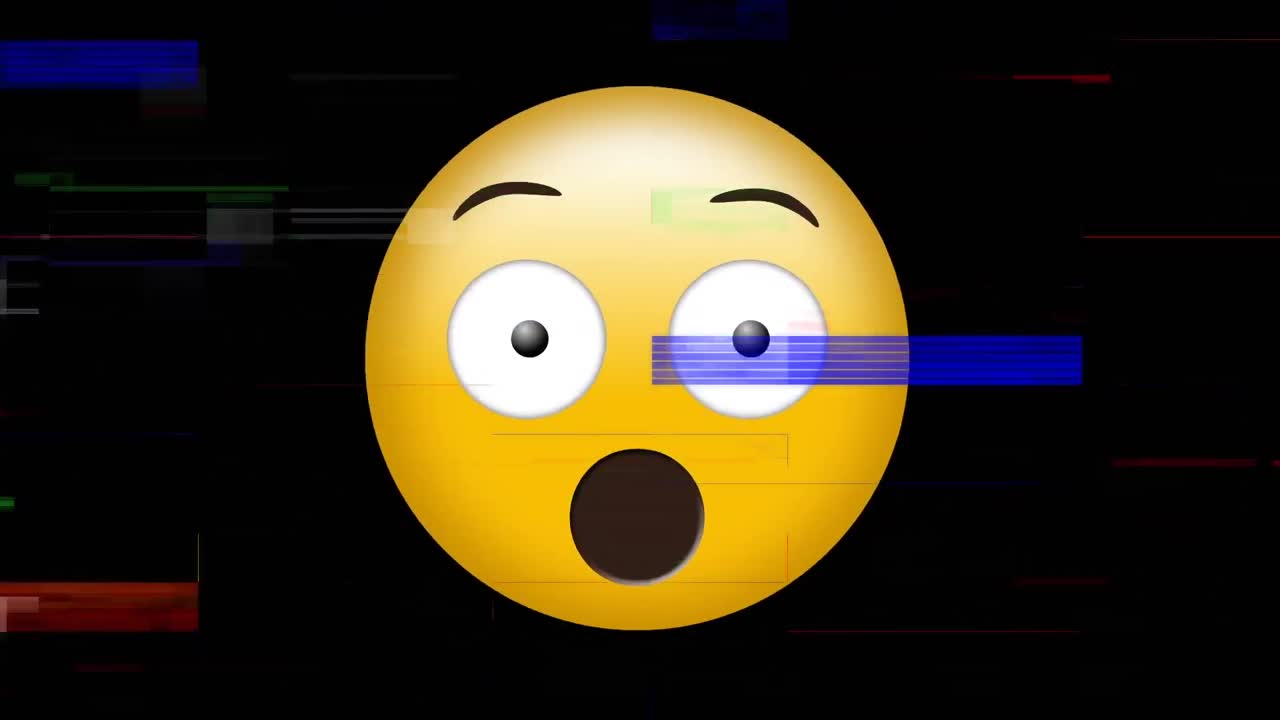 animación digital de tv efecto estático sobre emoji de cara sorprendida contra un fondo negro