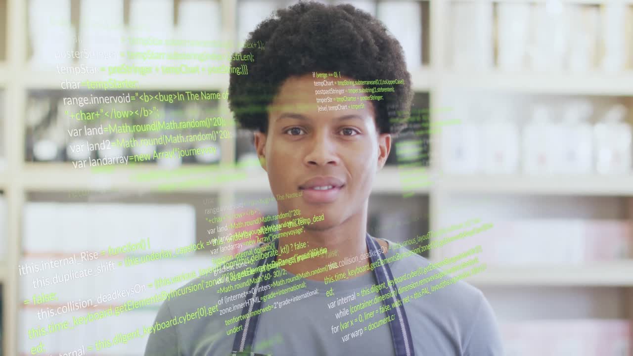 Animation of data processing over biracial male shop assistant smiling