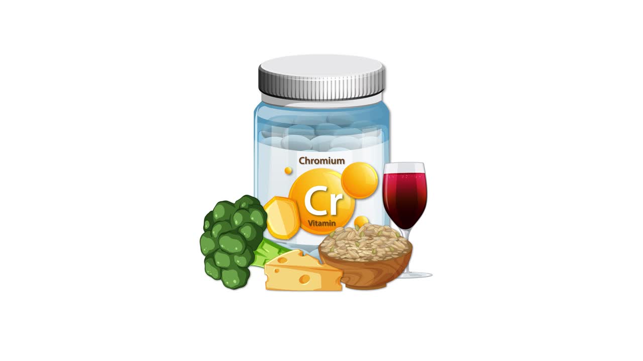 Chromium supplement bottle with broccoli, cheese, grains, and wine appears, arranged on white background