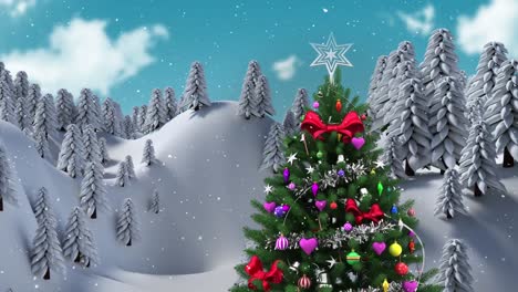 Animation-of-snow-falling-over-fir-trees-and-winter-scenery