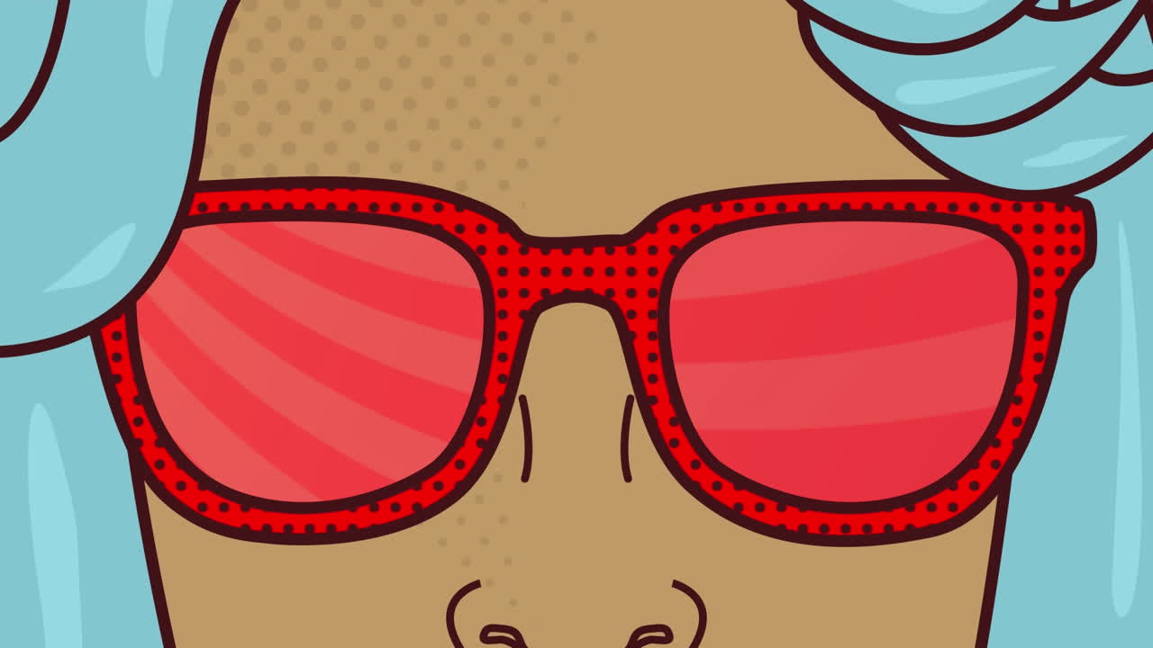 animación de rostro femenino retro en gafas de sol con rayas rojas