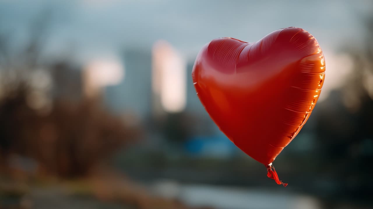 Živý červený balónek ve tvaru srdce se ladně vznáší ve vzduchu na jemném pozadí a vyvolává pocity lásky, radosti a oslavy