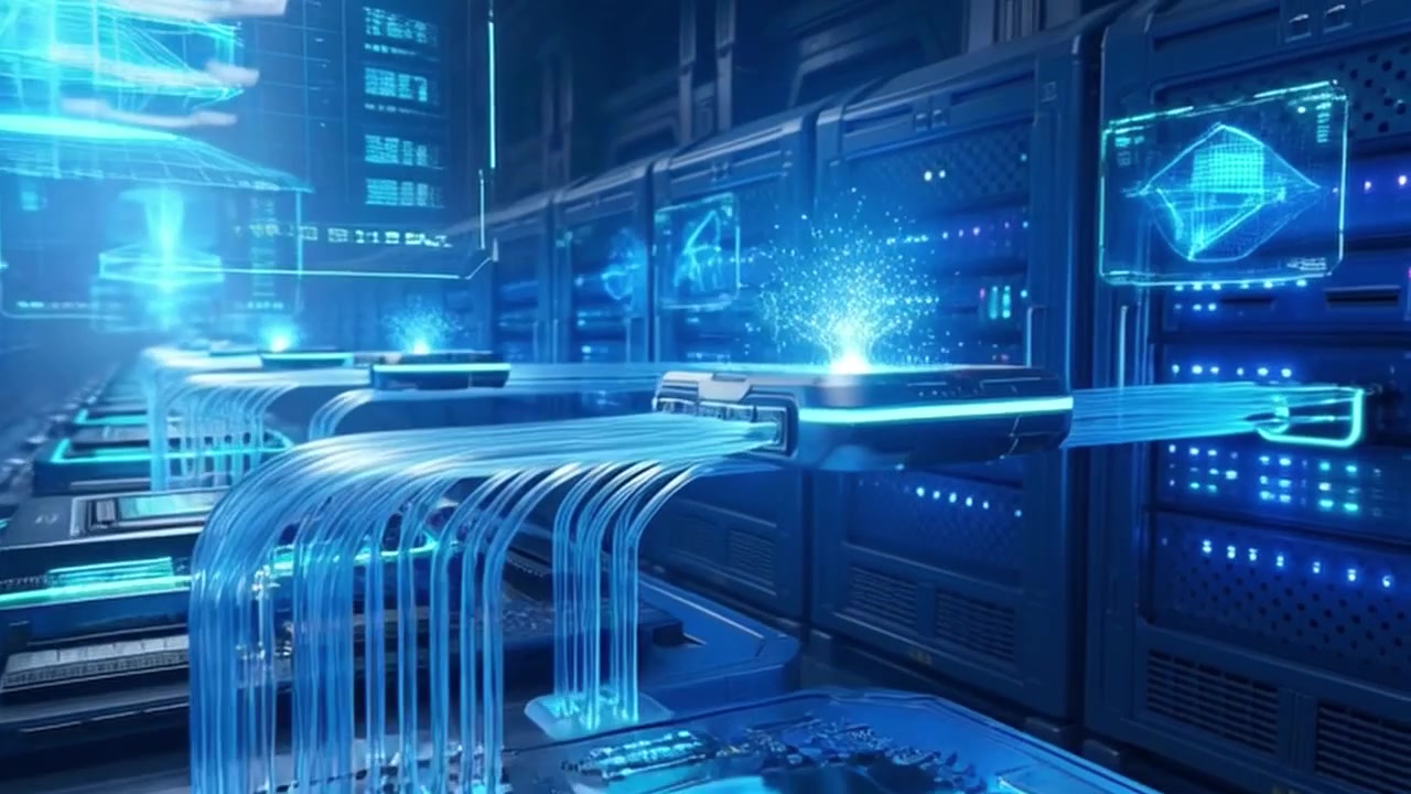 Futuristic Data Center with Glowing Fiber Optic Cables and Server Racks