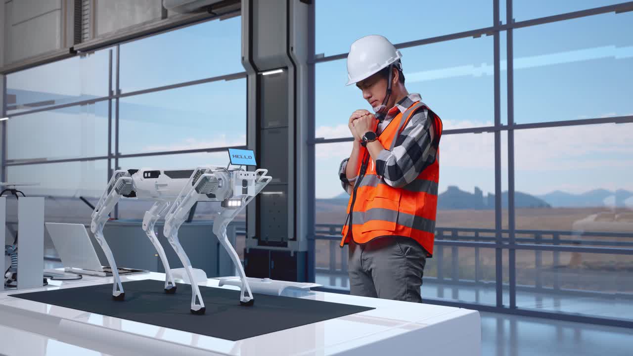 Full Body Side View Of Asian Male Engineer With Safety Helmet Prays For Something While Standing in High Tech Factory, Analyzing Robotic Machine Concept