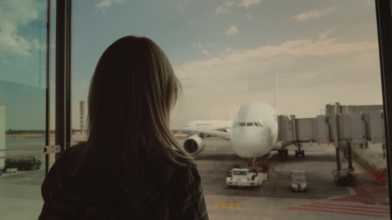 silueta de una mujer joven que mira a través de una ventana grande en un avión