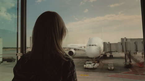 silhouette of a young woman looking through a large window on an airliner