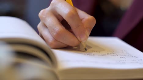 businesswoman makes notes in a notebook in coffee shop.