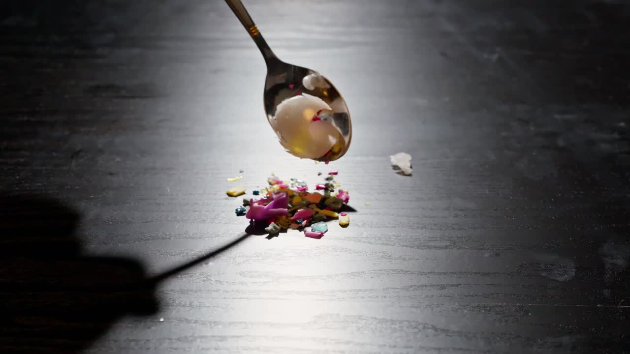 la cuchara vierte escombros de plástico sobre la mesa, simbolizando la contaminación por microplásticos en los alimentos y el peligro ambiental