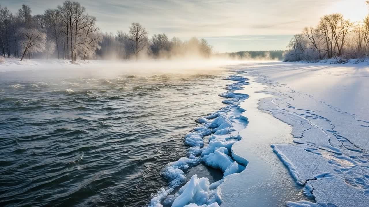 Tranquil Winter River Scene at Dawn with Mist Rising Over Water and Icy Edges, Showcasing Nature's Beauty in the Heart of Winter's Chill