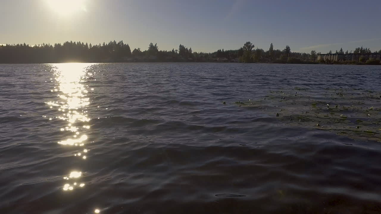 도시 호수에 밝은 일몰의 반영