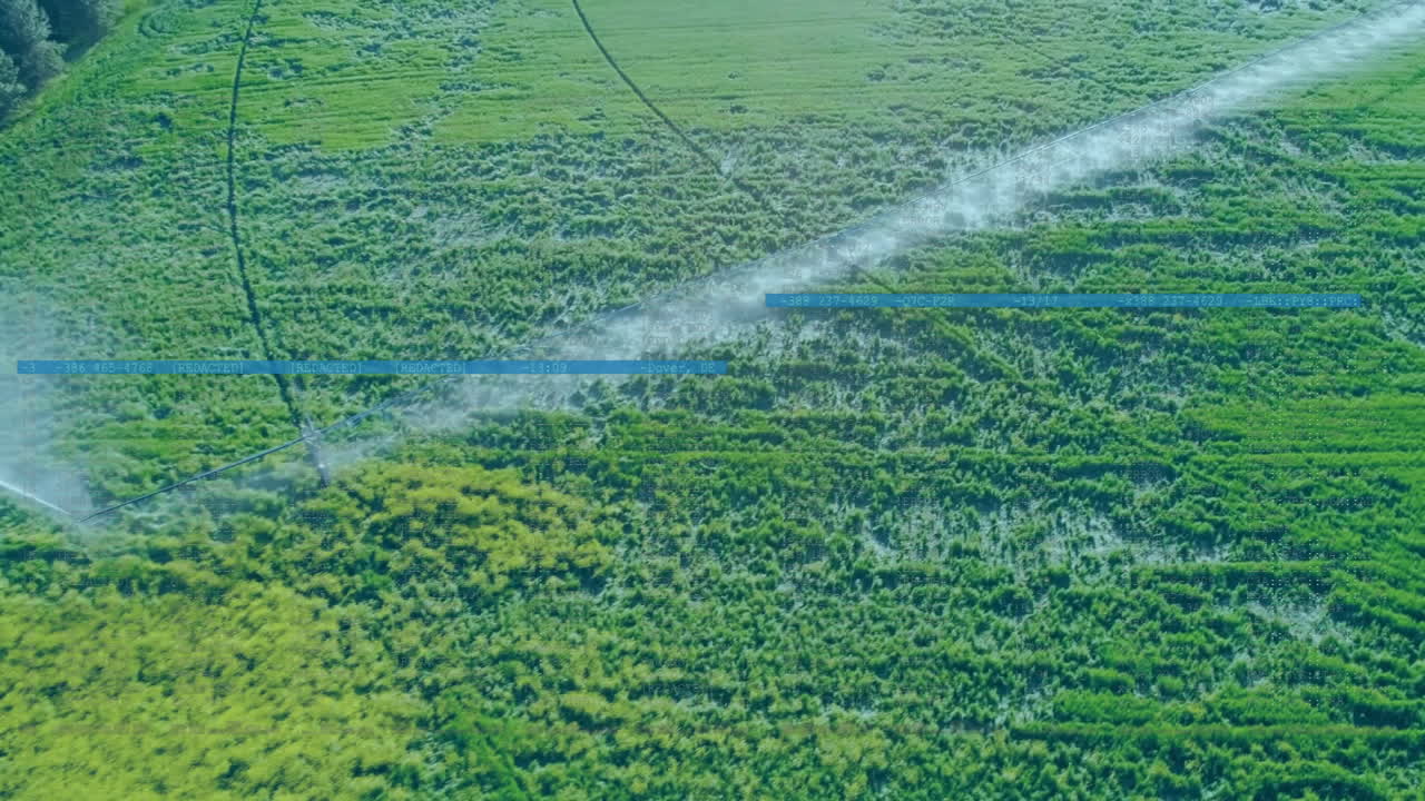 3D render of center-pivot irrigation arm spraying water across green crop rows in daylight