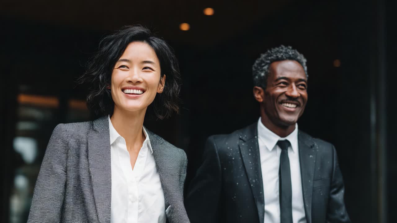 Dressed for Success: A Joyful Encounter Between Two Professionals Stepping Out with Confidence and Style, Embracing Their Achievements and Future Opportunities