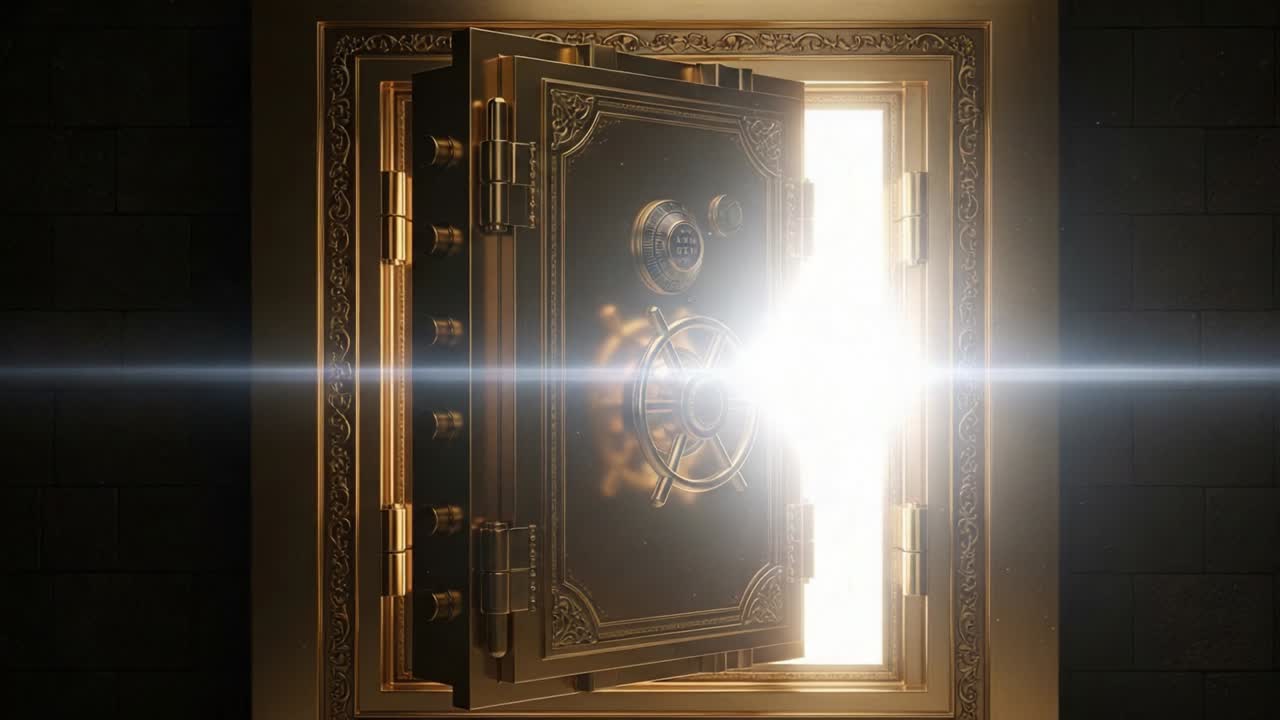 A Striking Golden Safe Opens to Reveal a Brilliant Light, Symbolizing Wealth, Security, and Hidden Treasures, Captured in Two Dramatic Frames