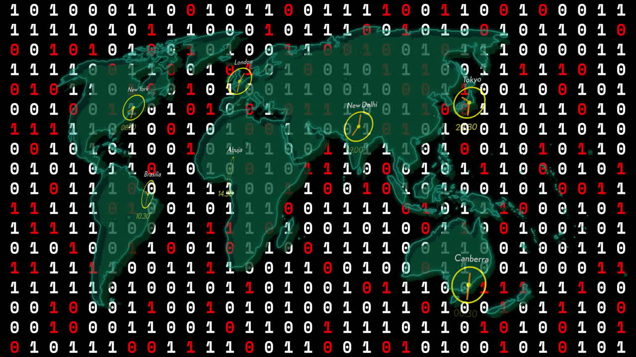 resaltando ciudades en el mapa del mundo con animación de código binario en el fondo