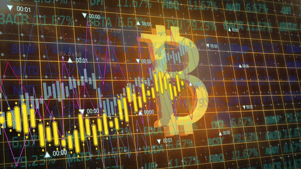 animación de bitcoins, líneas y procesamiento de datos financieros.