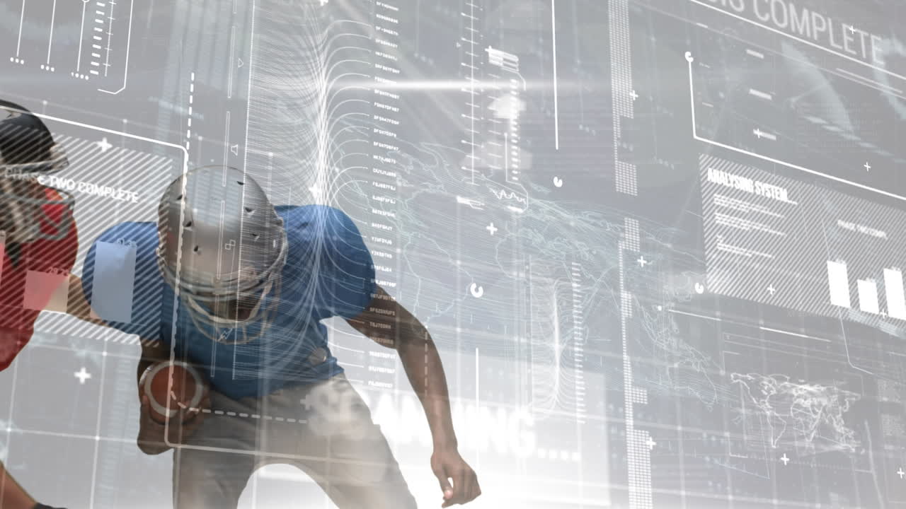 animación de procesamiento de datos sobre diversos jugadores de fútbol americano que se enfrentan para la pelota