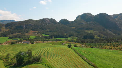 Beautiful-aerial-shot-flying-over-farmland-and-fields-in-Rogaland,-Norway