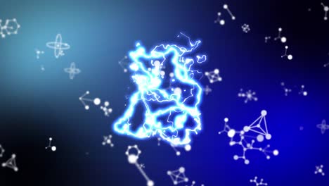 animation of glowing blue electric current over white molecular structures on blue background