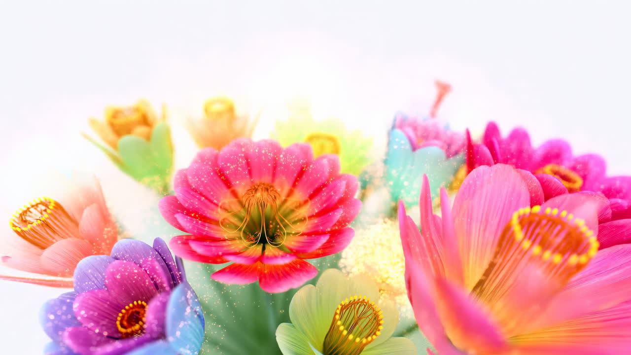 Lebendige animierte Blumen blühen auf weißem Hintergrund